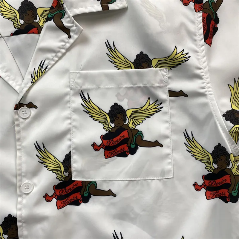 Denim Tears Short Sleeve Shirt Black Cherub Print Tee and Shorts