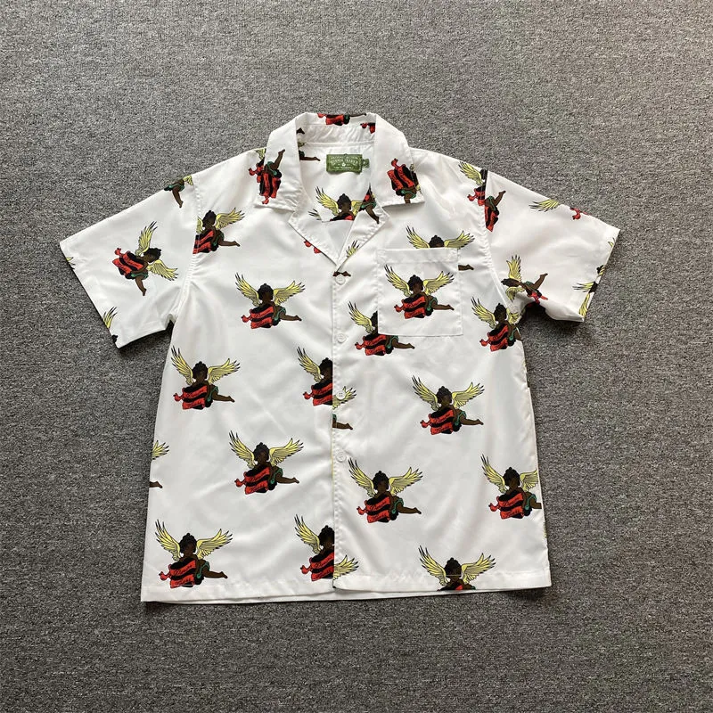 Denim Tears Short Sleeve Shirt Black Cherub Print Tee and Shorts