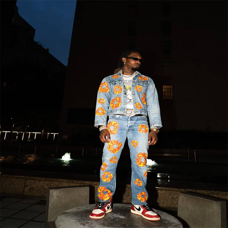 Offset Denim Tears Jeans and Jacket Blue Wearing Effect
