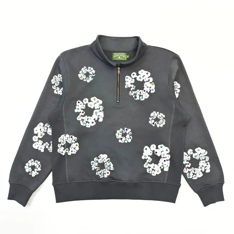 Rhinestone Denim Tears Wreath Half Zip Long Sleeve Sweatshirt