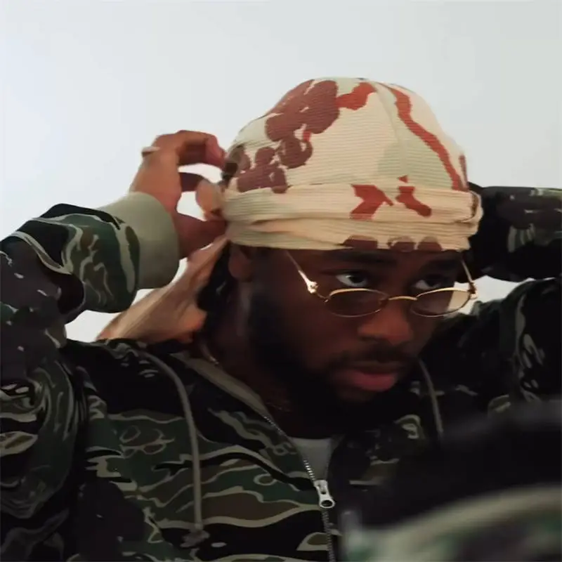 Denim Tears Durag Camo Cotton Wreath Kerchief Tan Wearing Effect
