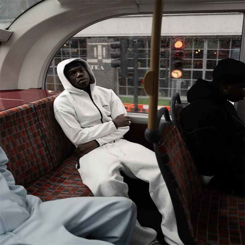 6pm Tracksuit Tech Wide Roadman Hoodie and Pants Grey Wearing Effect