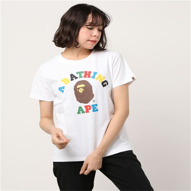 BAPE Multi Color Letters College Tee White Wearing Effect