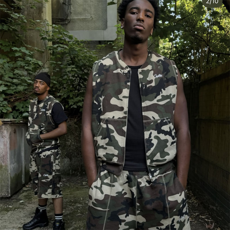Corteiz Hmp Thermal Vest and Shorts Camo Green Wearing Effect