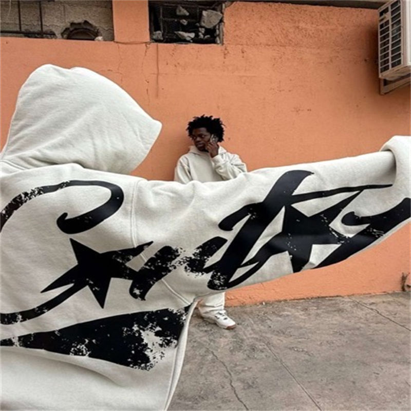 Corteiz Woosh Hoodie and Open Hem Sweatpants Bone Wearing Effect