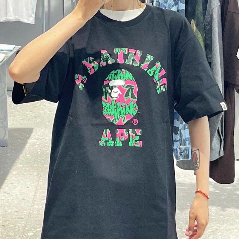 BAPE Graffiti Pattern College Tee Black Pink Wearing Effect