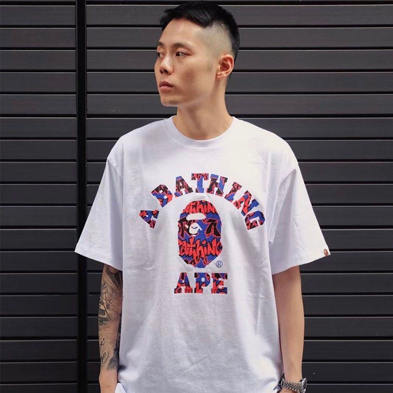 BAPE Graffiti Pattern College Tee White Red Wearing Effect