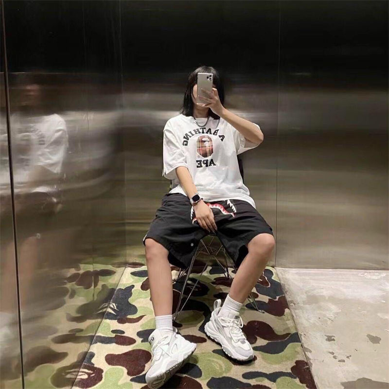 BAPE Check College Tee White Beige Wearing Effect