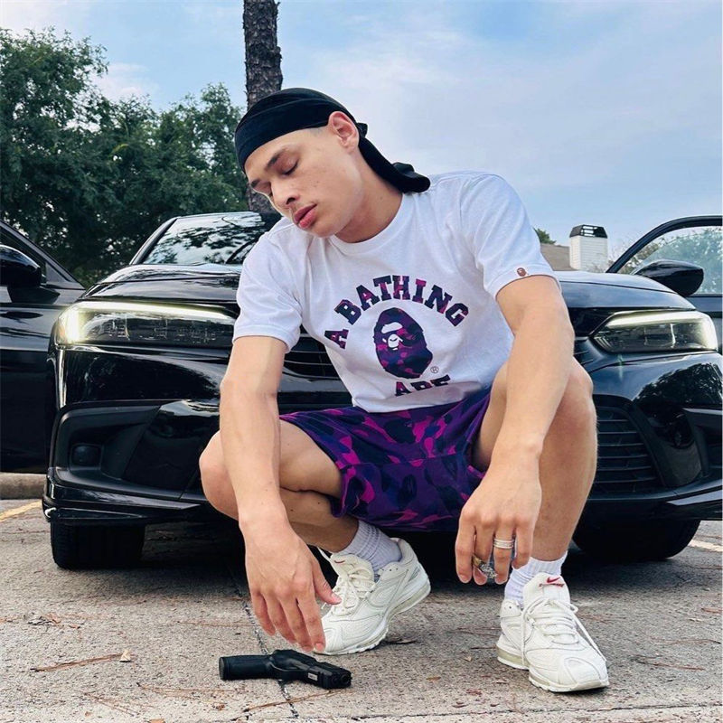 BAPE Color Camo A College Tee White Purple Wearing Effect
