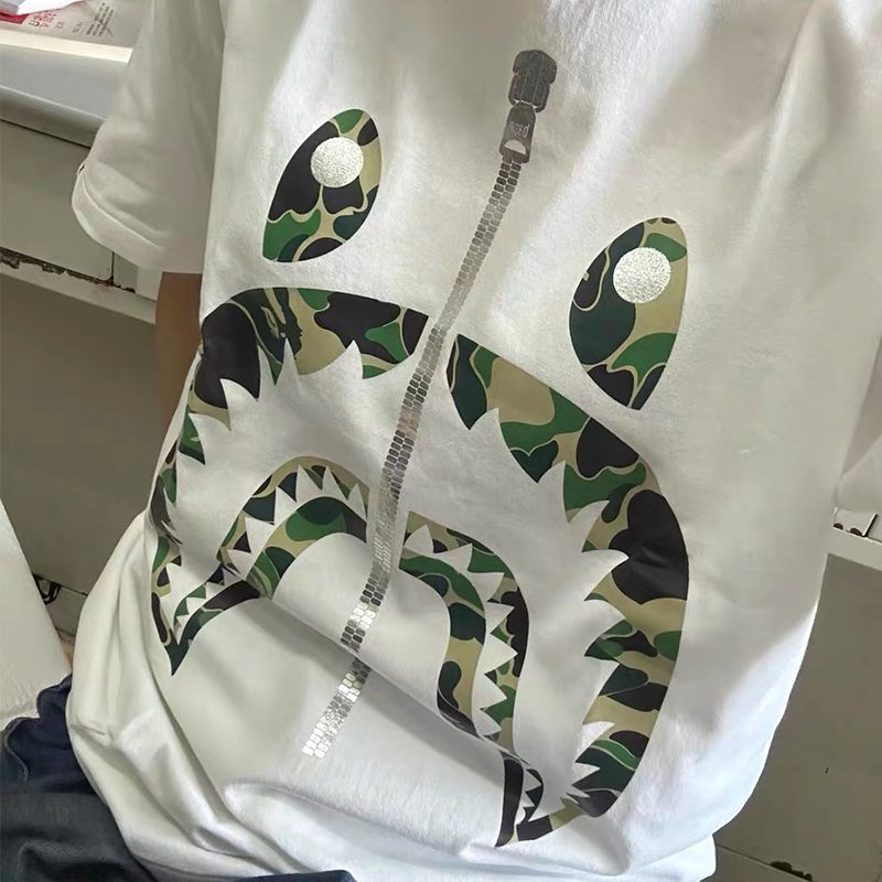 BAPE A Bathing Ape ABC Camo Shark Tee White Green Wearing Effect