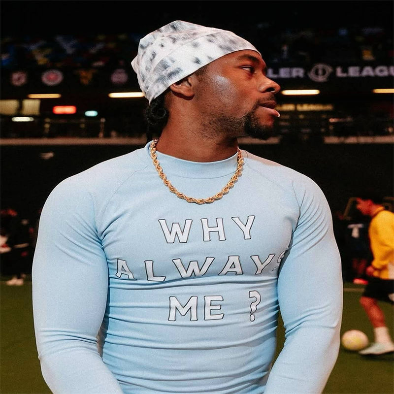 Corteiz Why Always Me Compression Top Blue Wearing Effect