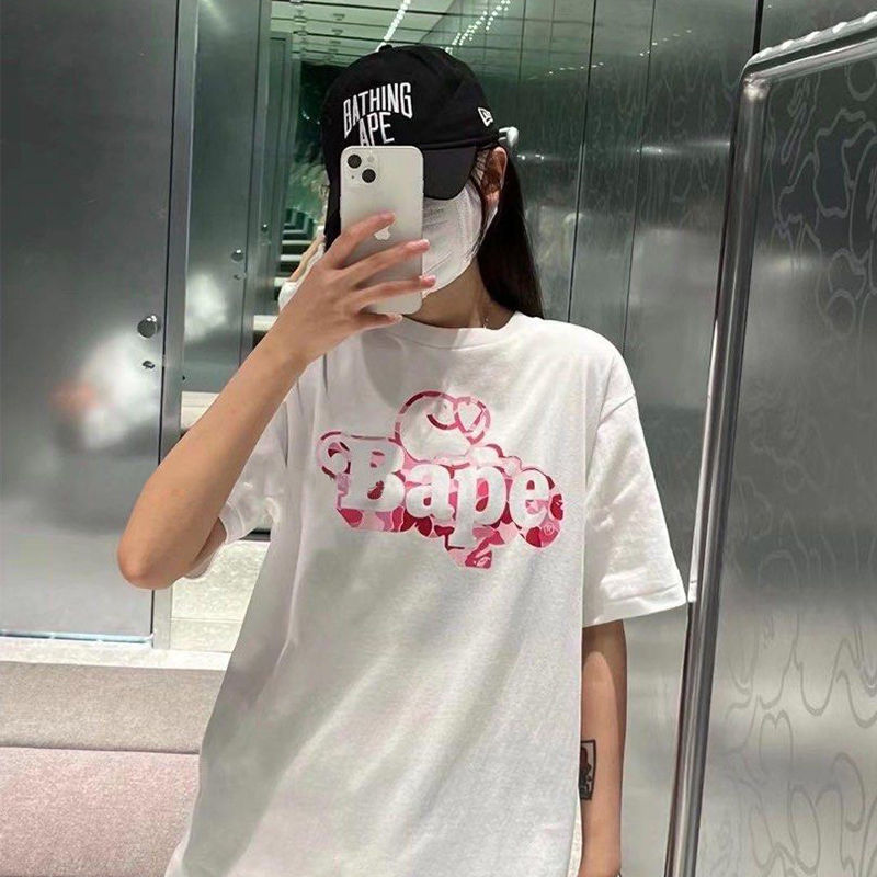 BAPE ABC Camo Milo on Bape Tee White Pink Wearing Effect