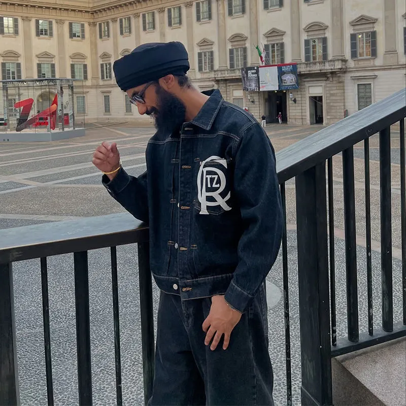 Alternate view of a dark denim trucker jacket from Hipstersbuy