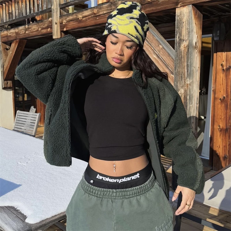 Broken Planet Star Camo Beanie Yellow Wearing Effect