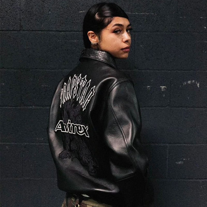 Trapstar x Avirex Leather Jacket Black Wearing Effect