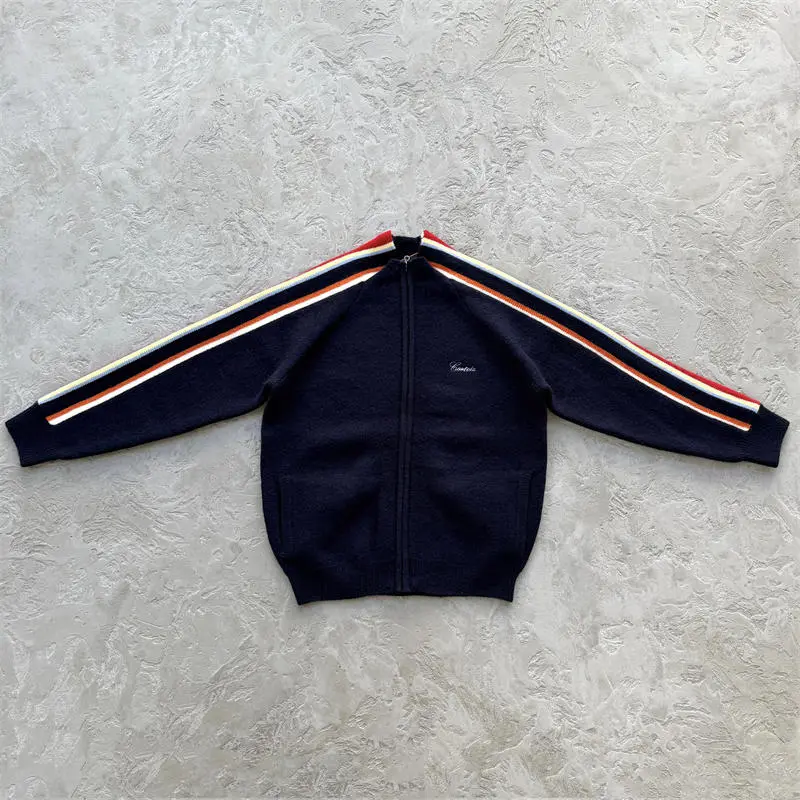 Navy Corteiz Multi Stripe Knit Zip Up