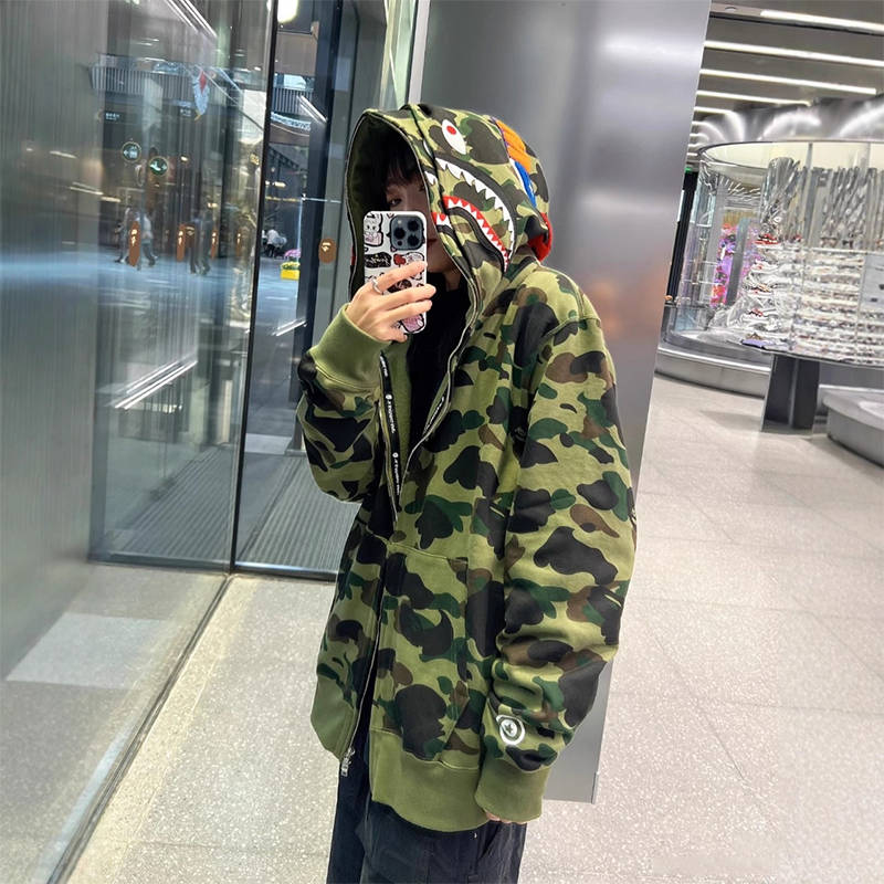 BAPE 1st Camo Shark Full Zip Double Hoodie Green Wearing Effect