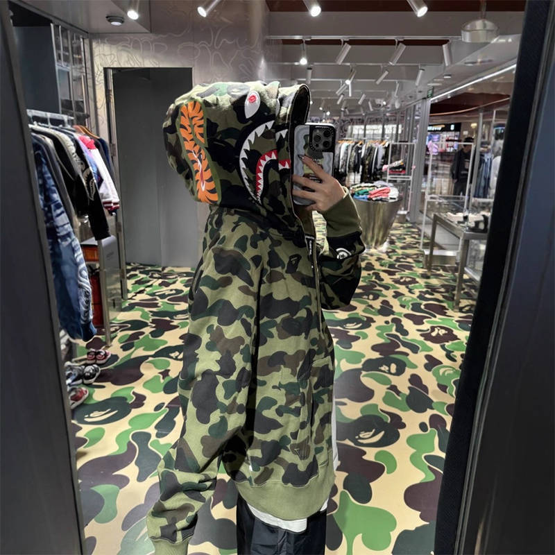 BAPE 1st Camo Shark Full Zip Double Hoodie Green Wearing Effect