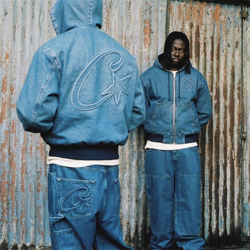 Corteiz Work Pants Crtz Embossed C Star Denim Jeans Blue Wearing Effect