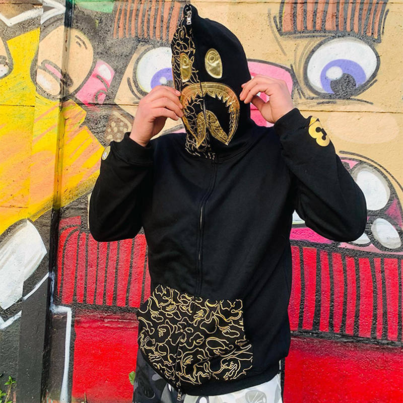 BAPE 23rd Anniversary Shark Full Zip Hoodie Black Wearing Effect