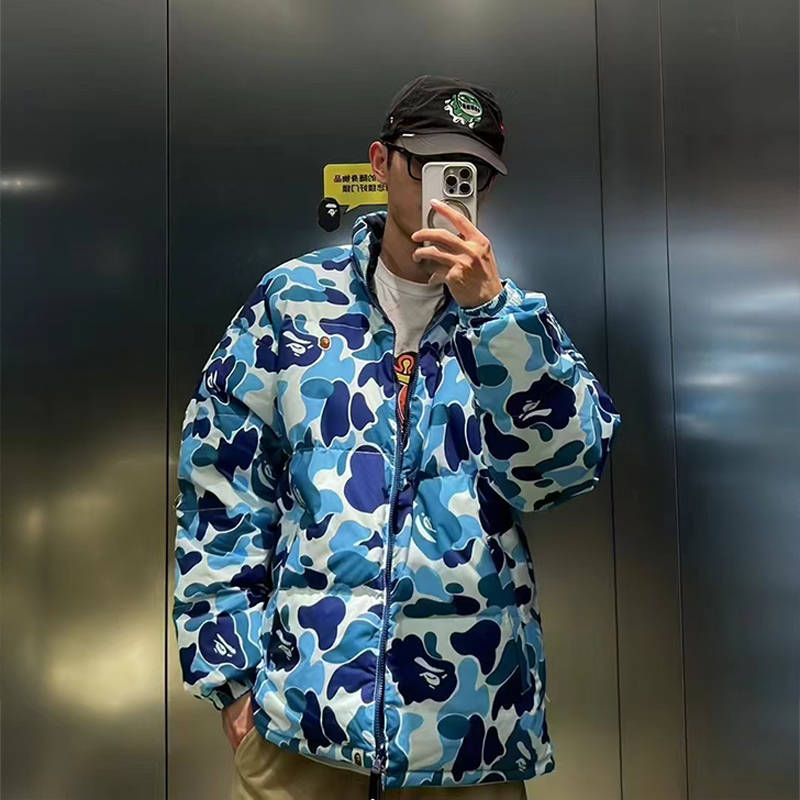 BAPE ABC Camo Reversible Down Jacket Blue Wearing Effect
