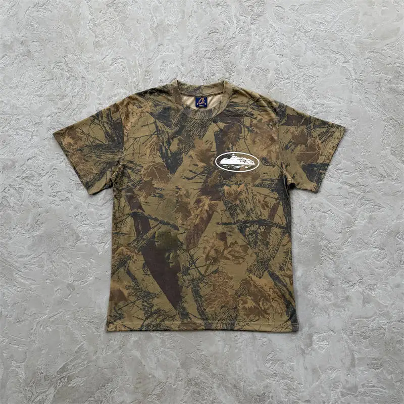 Forest camo Corteiz Island Puff Print T-shirt for a late-summer base outfit