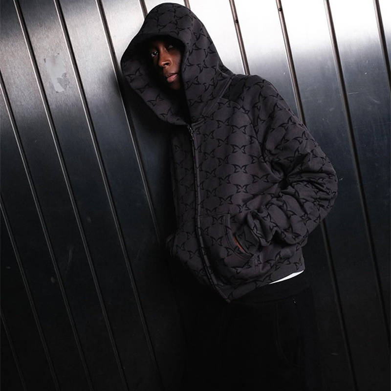 Mertra Monogram Zip Hoodie Grey Wearing Effect