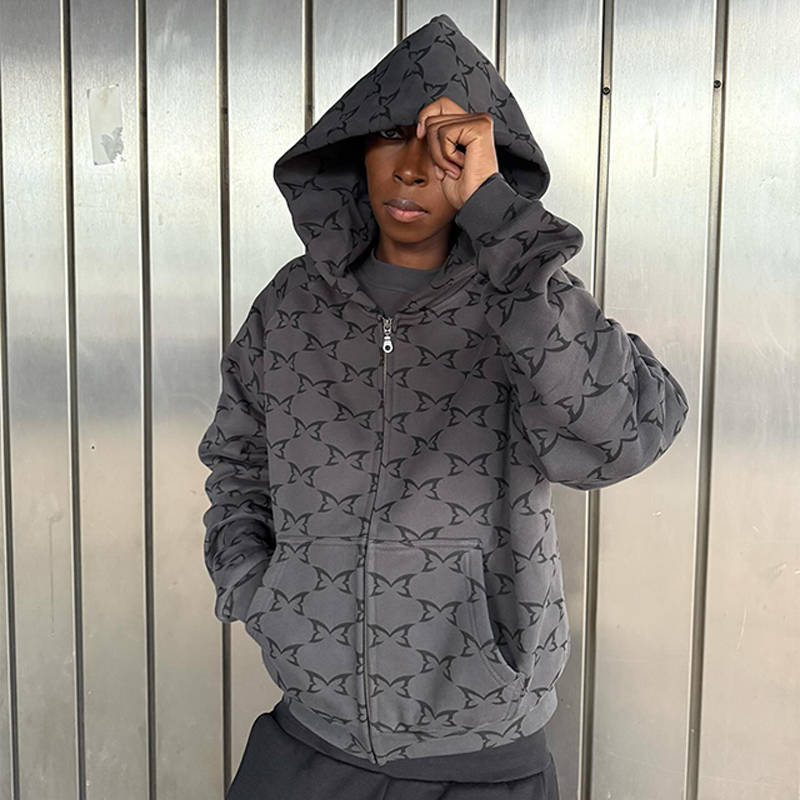 Mertra Monogram Zip Hoodie Grey Wearing Effect