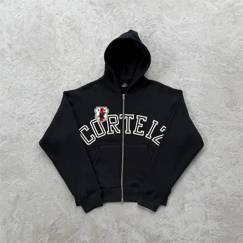 Corteiz Arch Shield zip hoodie with varsity-style lettering