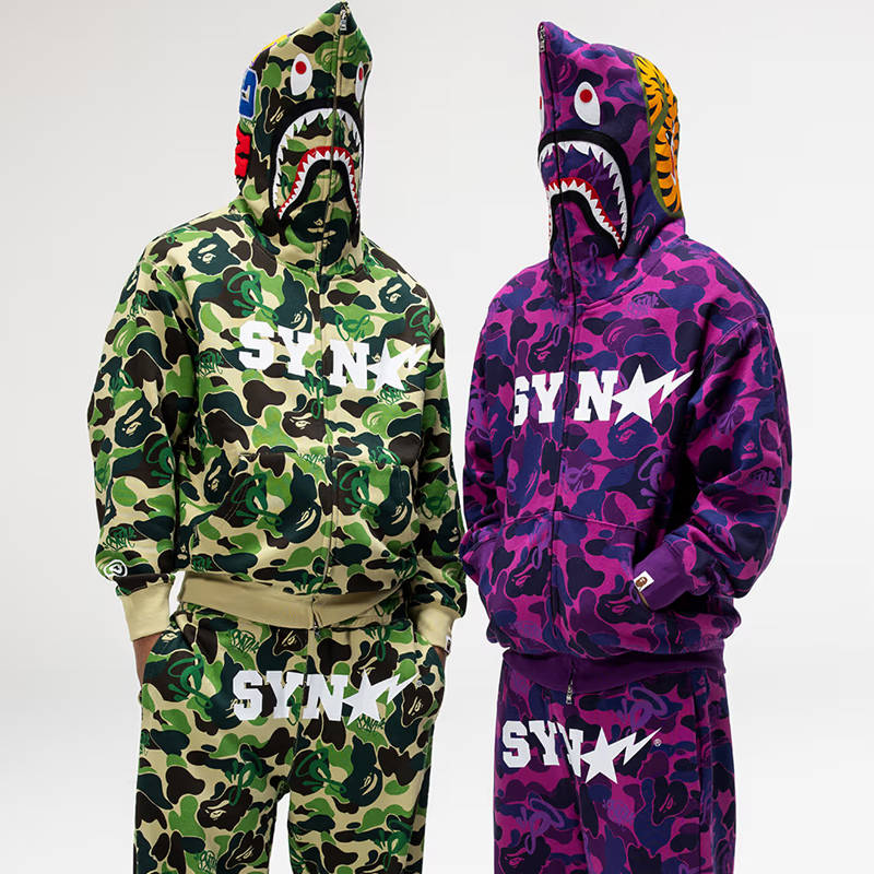 Syna World X BAPE Spotify by Central Cee Shark Full Zip Hoodie and Camo Relaxed Fit Sweatpants Purple Wearing Effect