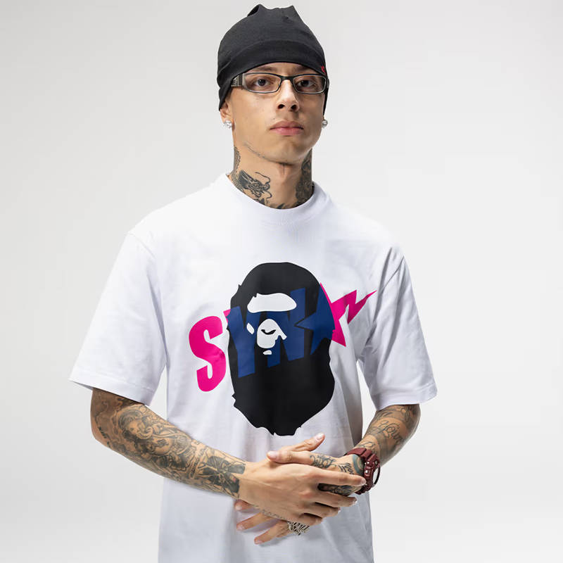 Syna World X BAPE Spotify by Central Cee Ape Head Relaxed Fit Tee White Wearing Effect