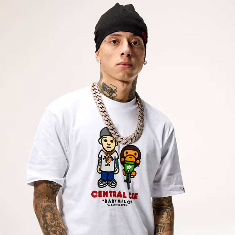 Syna World X BAPE Spotify by Central Cee Baby Milo Relaxed Fit Tee White Wearing Effect