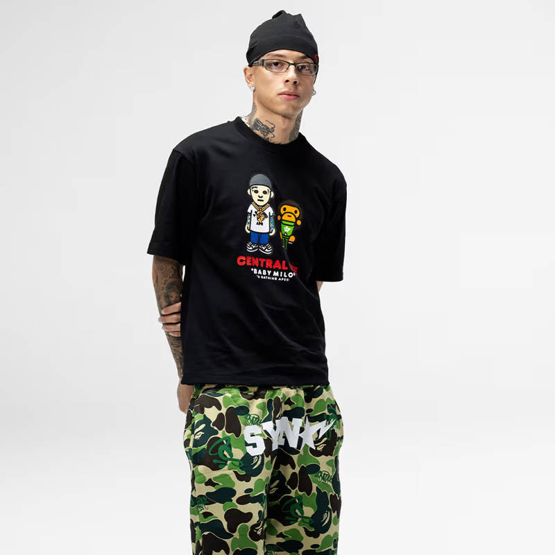 Syna World X BAPE Spotify by Central Cee Baby Milo Relaxed Fit Tee Black Wearing Effect