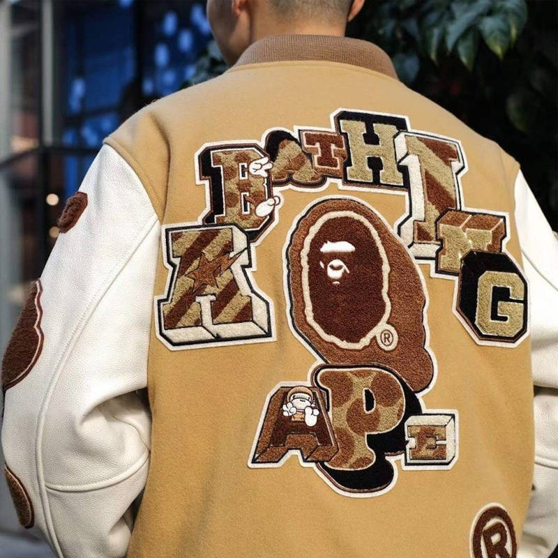 BAPE Multi Motif Varsity Jacket Beige Wearing Effect