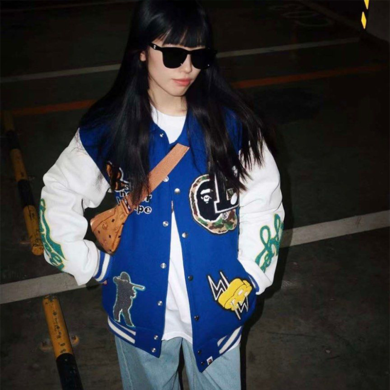 BAPE Varsity Jacket Blue Wearing Effect
