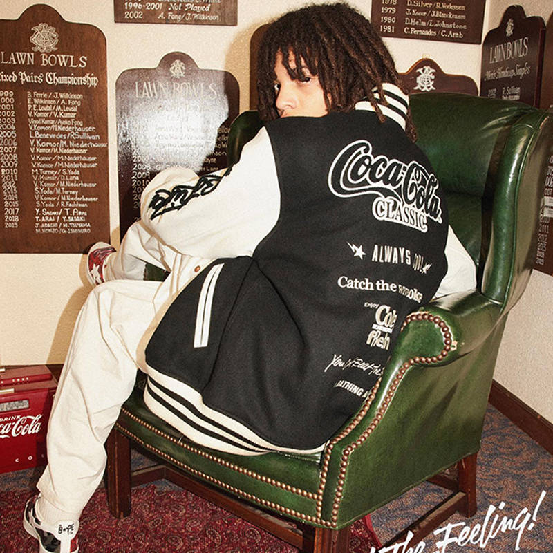 BAPE x Coca Cola Varsity Jacket Black Wearing Effect