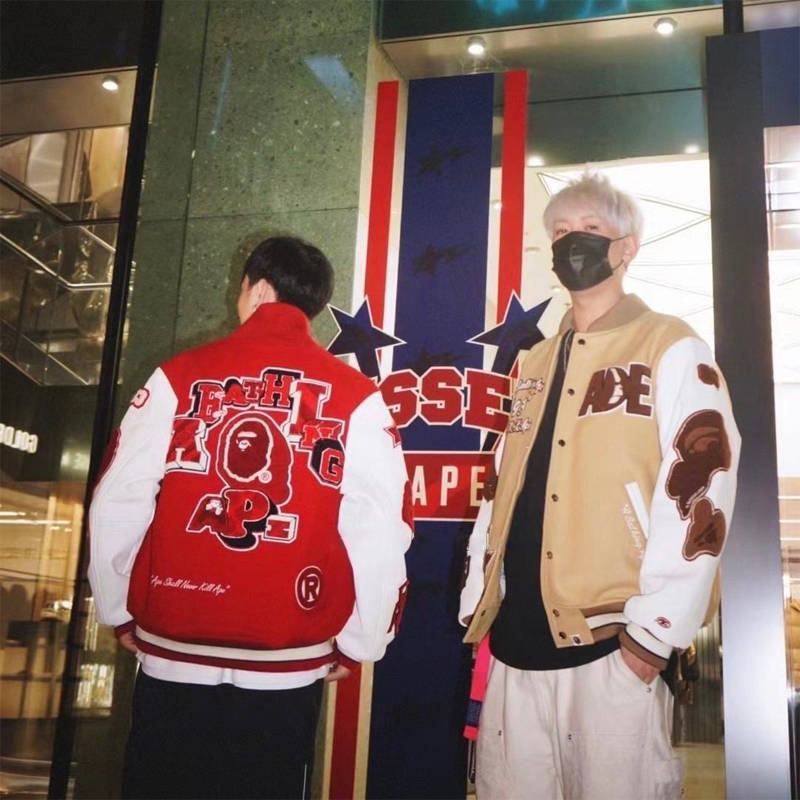 BAPE Multi Motif Varsity Jacket Red Wearing Effect