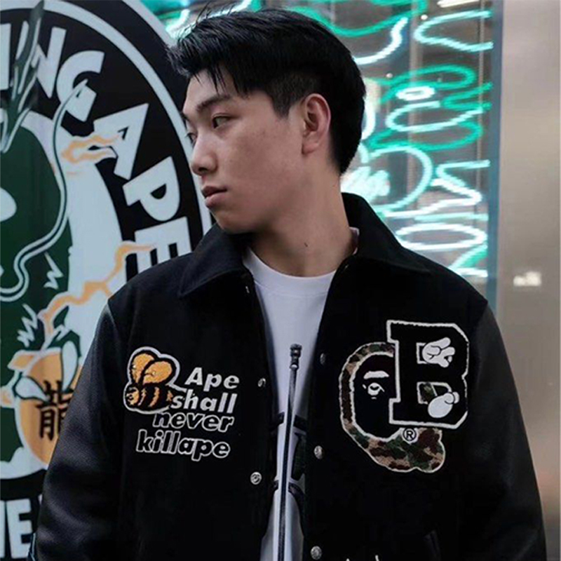 BAPE Varsity Jacket Black Wearing Effect