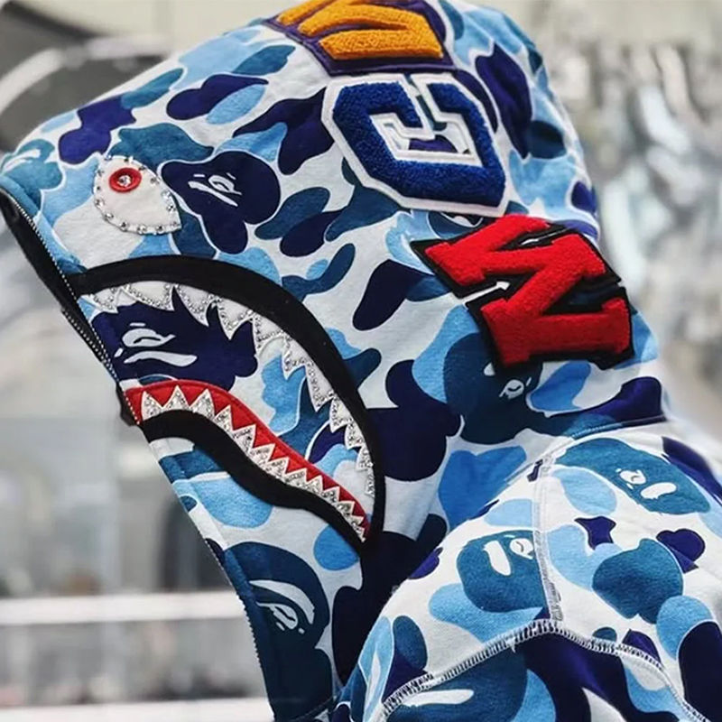 BAPE ABC Camo Crazy Shark Full Zip Hoodie Blue Pink Wearing Effect