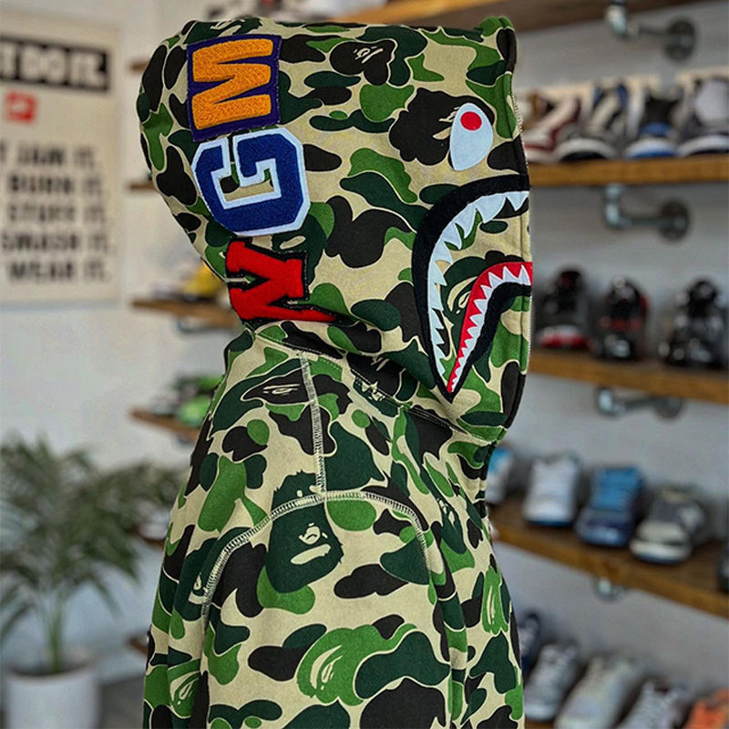 BAPE ABC Camo Crazy Shark Full Zip Hoodie Green Blue Wearing Effect