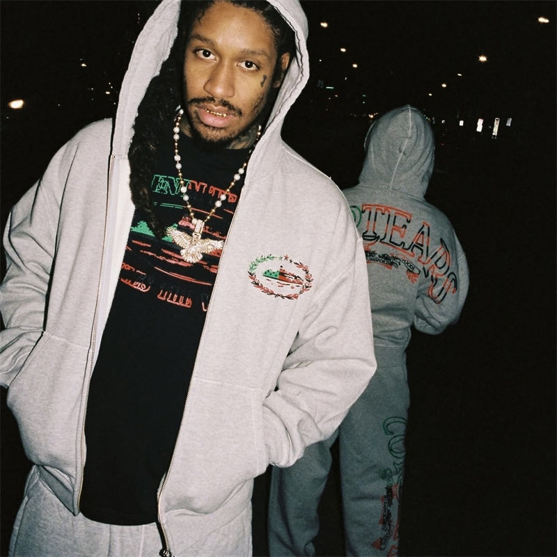 Corteiz x Denim Tears Cortears Royale Zip Hoodie and Open Hem Sweatpant Grey Wearing Effect