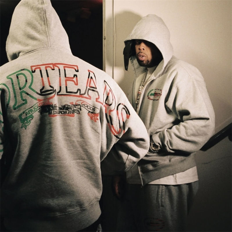 Corteiz x Denim Tears Cortears Royale Zip Hoodie and Open Hem Sweatpant Grey Wearing Effect