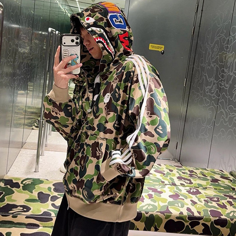 BAPE X ADIDAS Relaxed Fit Track Camo Shark Full Zip Hoodie Green Wearing Effect