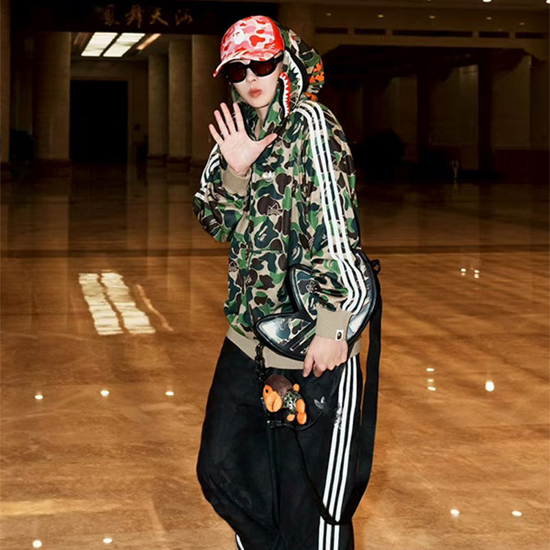 BAPE X ADIDAS Relaxed Fit Track Camo Shark Full Zip Hoodie Green Wearing Effect