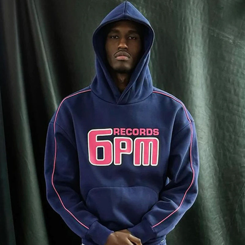 6pm Records Hoodie Deep Blue Wearing Effect
