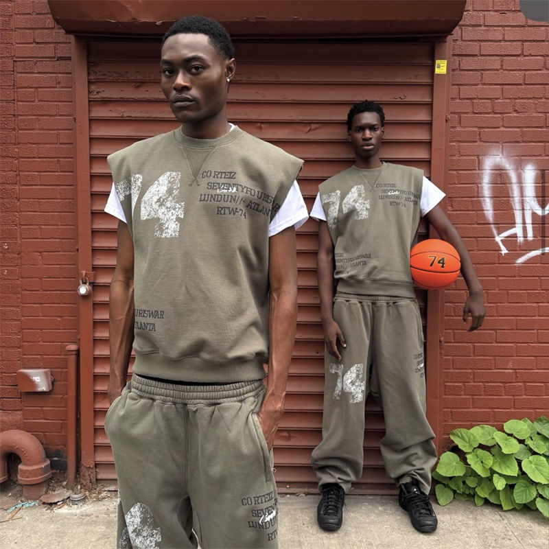 Corteiz x 74iswar Urban Vest and Sweatpants Olive Wearing Effect
