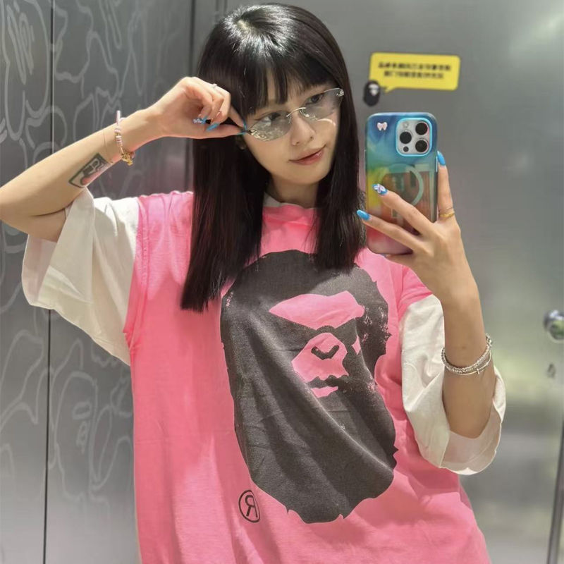 BAPE X SAINT MXXXXXX Mad Face Handprinting Tee White Pink Wearing Effect
