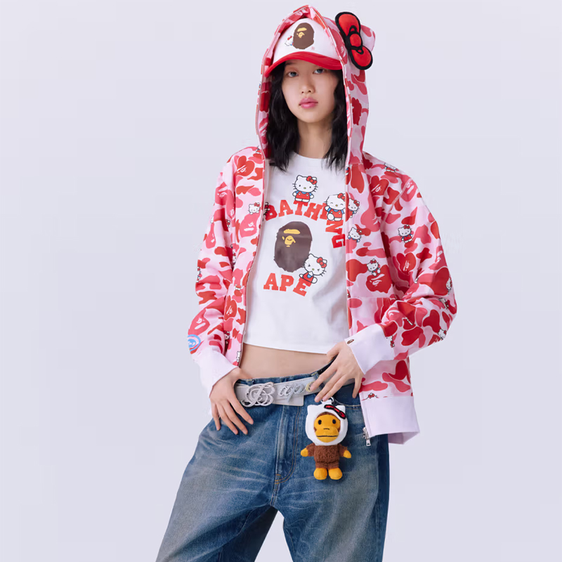 BAPE x Sanrio Characters Hello Kitty Camo Full Zip Hoodie Wearing Effect