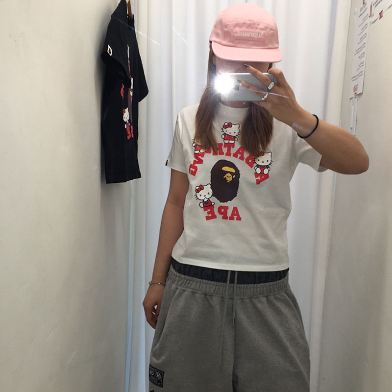 BAPE x Sanrio Characters Hello Kitty College Mini Tee White Wearing Effect