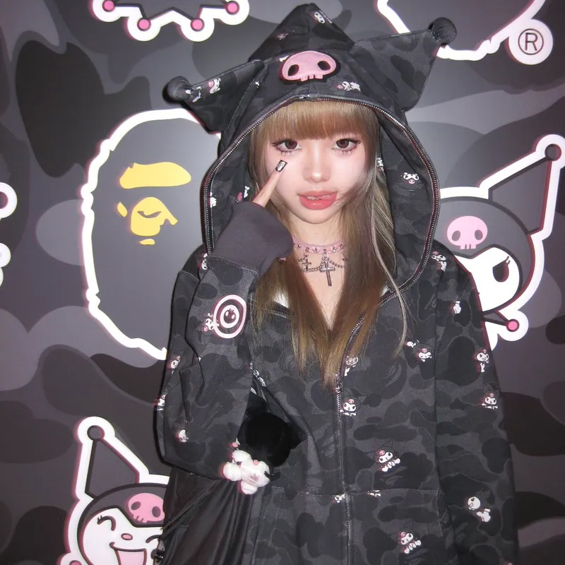 BAPE x Sanrio Characters Kuromi Camo Full Zip Hoodie Wearing Effect